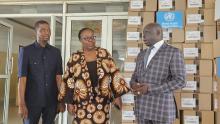 Dr. Peter Clement, WR Country Representative, Dr. Catherine Cooper, Dep. Health Min and CMO and Mr. Kasor Kollie, Director NTDs Program during the donation ceremony in Monrovia