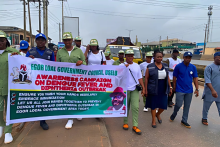 State team (State Ministry of Health, NCDC, IHVN and WHO)  and Youth Corpers mobilising communities in Uselu, Egor on dengue fever and diphtheria