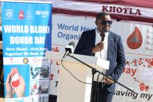 WHO Lesotho Representative Dr. Innocent Nuwagira delivers his speech during the national World Blood Donor Day commemoration in Butha- Buthe