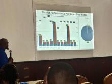An EPI data officer presents Mpox vaccination campaign performance per district