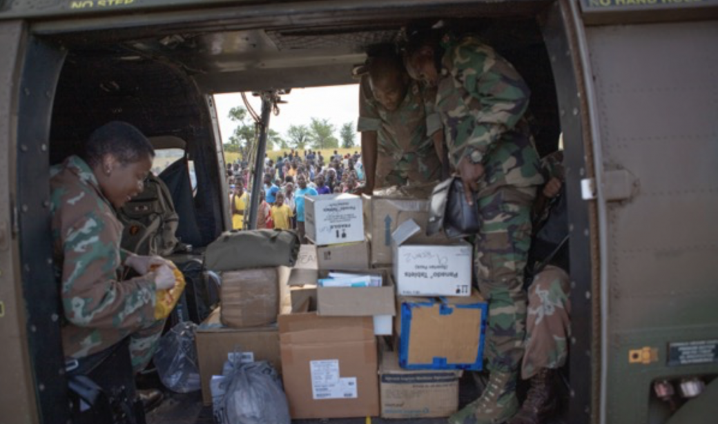 A South African army helicopter loaded with essential medicines.
