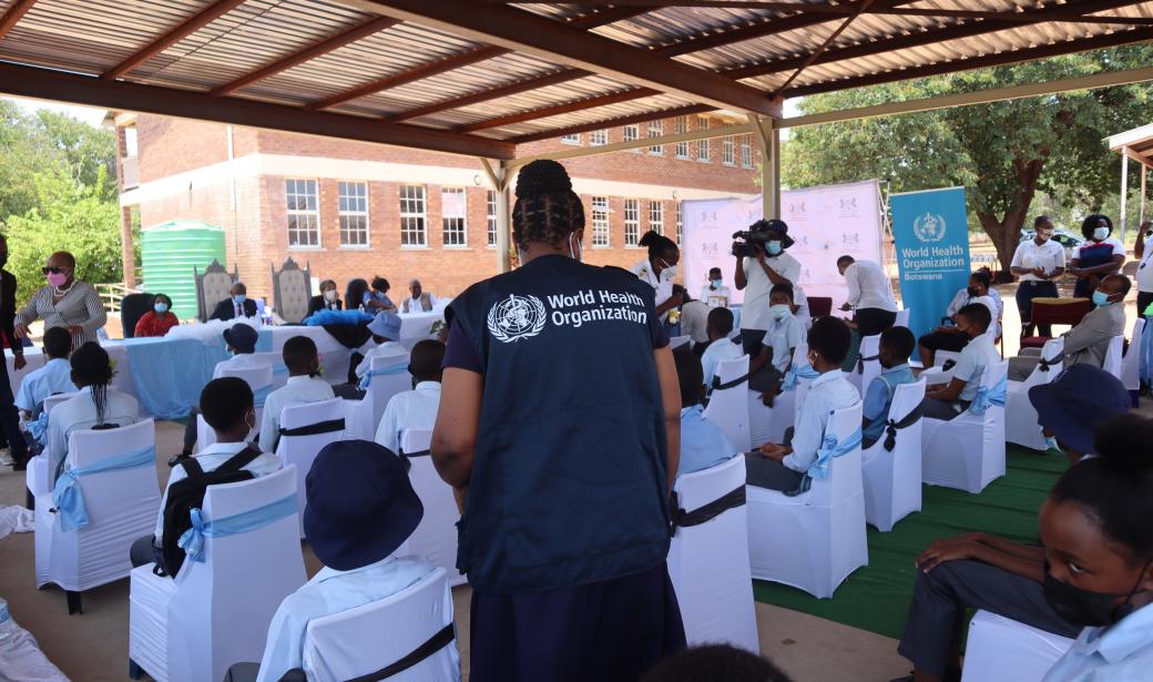 WHO and MoHW workers conducting sensitization and hygiene education campaign in Plateau Primary School in Kasane